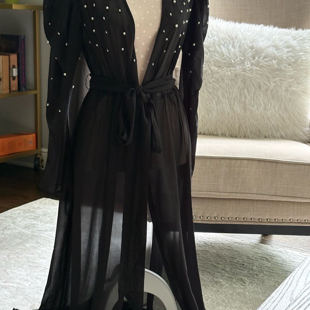 Express Black Sheer Duster with Pearl Details